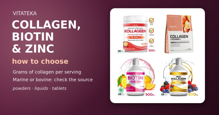 Kollageen, biotiin ja tsink Vitateka kataloogist: pulbrid, vedelad vormid ja tabletid