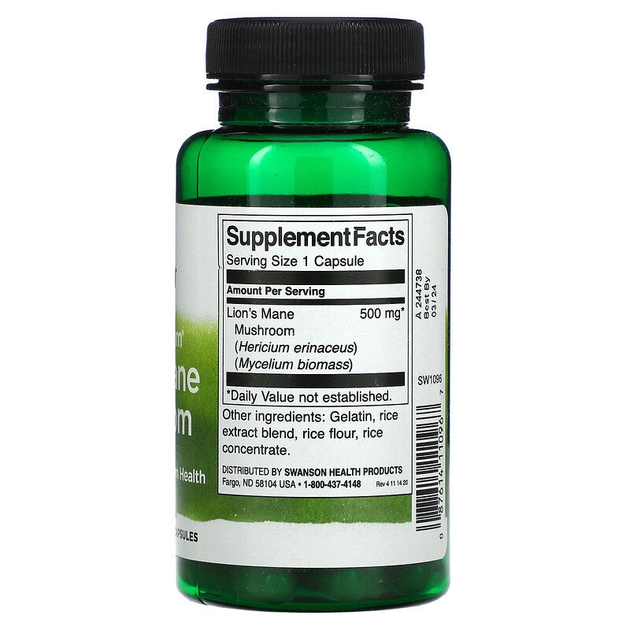 "SWANSON" TOIDULISAND LION'S MANE MUSHROOM 500 mg, KAPSLID  60 TK 