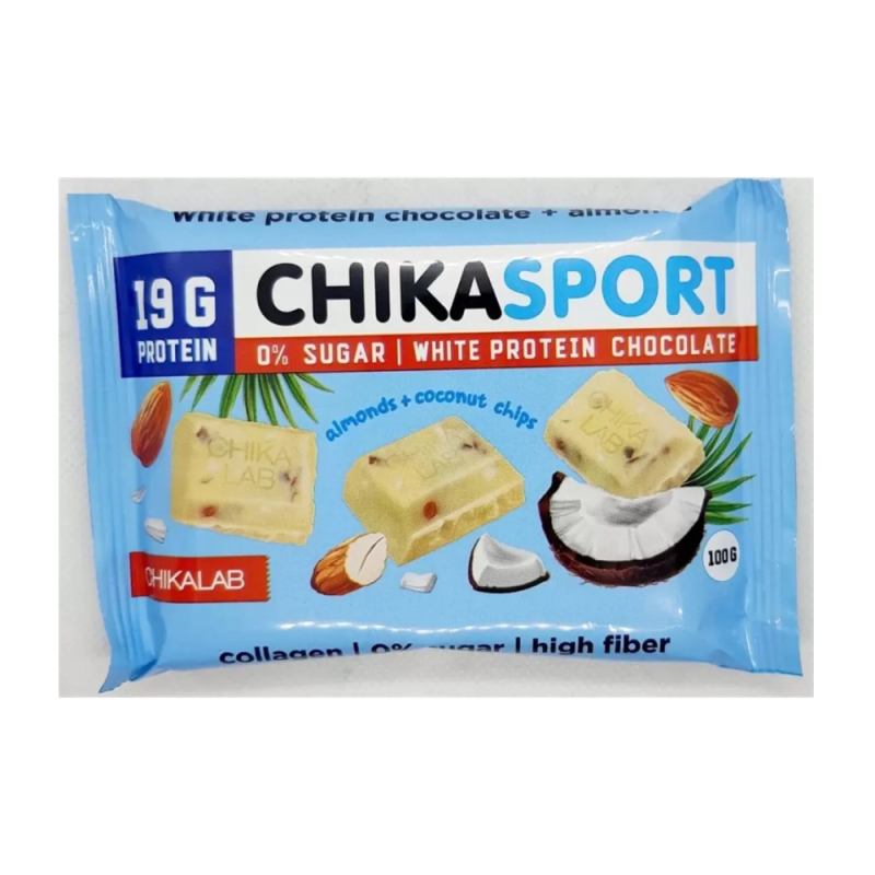 Proteiinivalk šokolaad valge mandlite ja kookoshelvestega, 100 g CHIKASPORT 