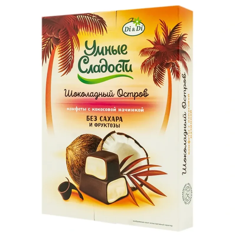 Konfektes ar kokosriekstu pildījumu "Šokolādes sala" ar stēviju "Gudrās konfektes", bez lipekļa, fruktozes un cukura, 90 g - D&D