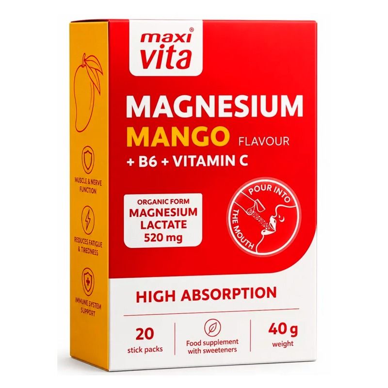 "MAXI VITA"  Magneesium vitamiinide B6 ja C-ga, mango maitsega, pakikesed N20
