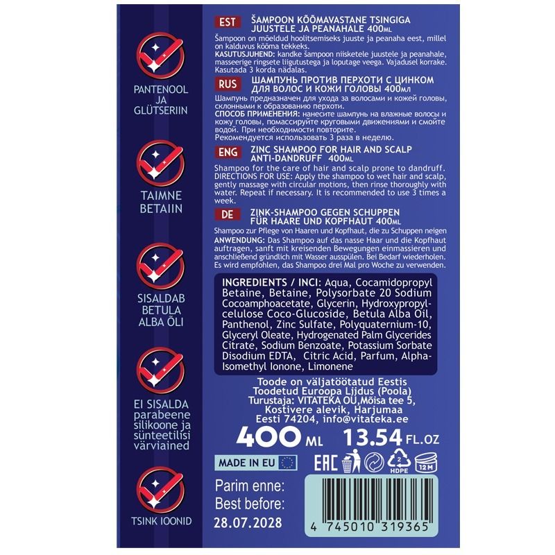 Zinc Shampoo Anti-Dandruff, 400 ml – Vitateka