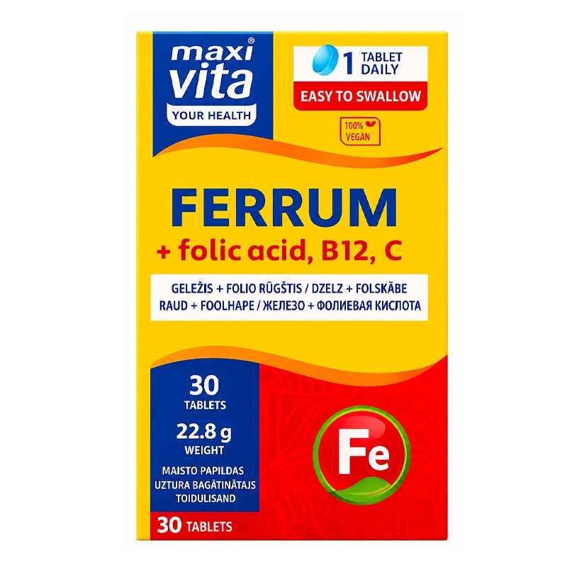 Rauta + foolihappo, B12- ja C-vitamiini, 30 tablettia - MAXI VITA