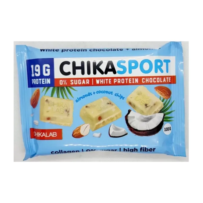 Proteiinivalk šokolaad valge mandlite ja kookoshelvestega, 100 g CHIKASPORT 