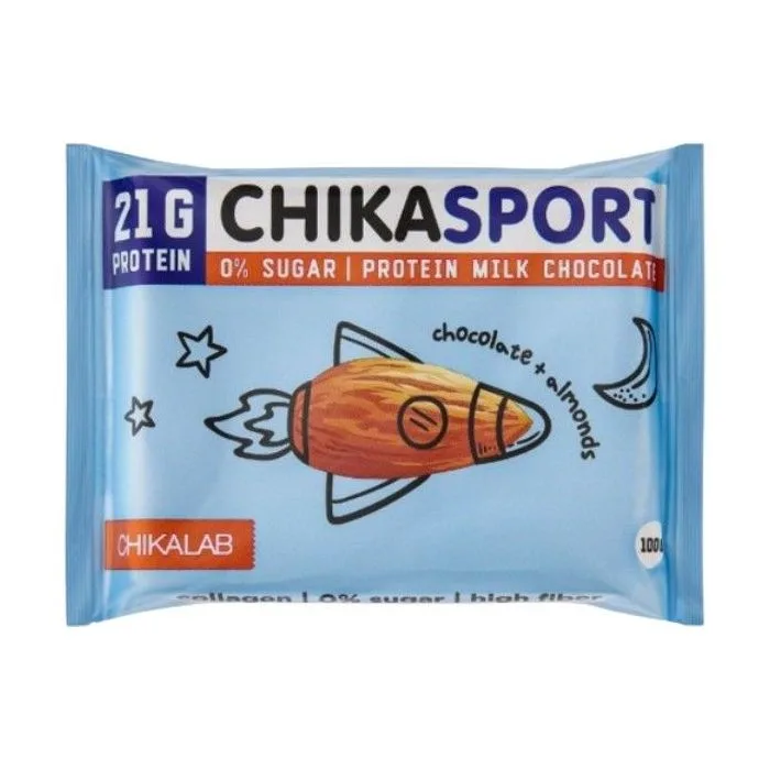 Baltyminis pieniškas šokoladas su migdolais CHIKASPORT, 100 g - Bombbar