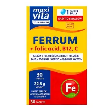 "MAXI VITA" Raud + Foolhape; vitamiinid B12 ja C tabletid, N30