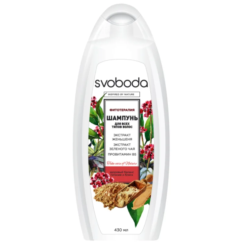 ŠAMPOON IGAT TÜÜPI JUUSTELE KOOS ŽENŠENNI, ROHELISE TEE EKSTRAKTIGA JA B5-VITAMIINIGA 430ML - SVOBOD