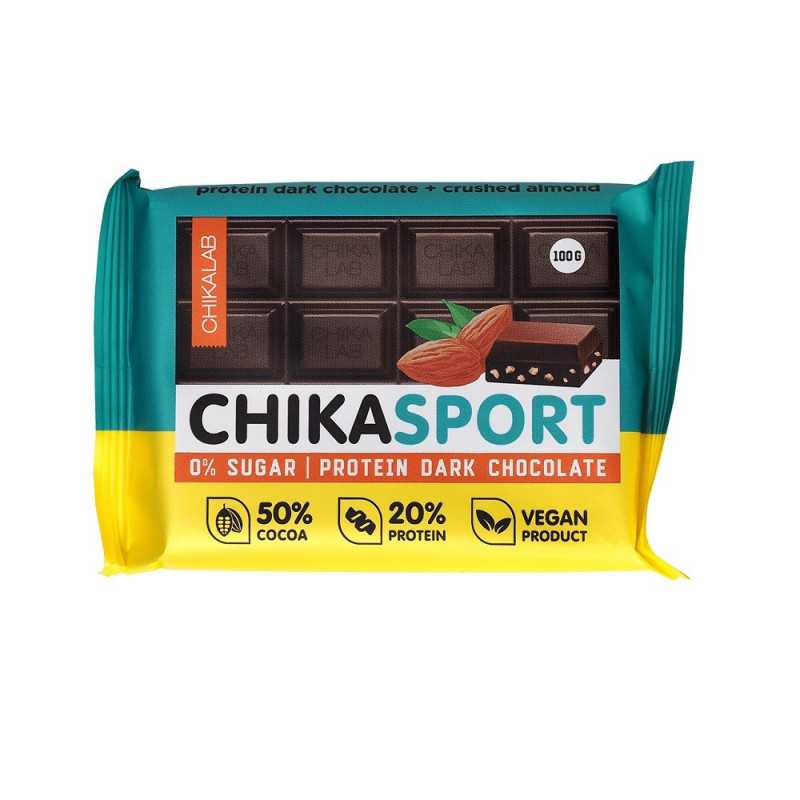 "CHIKALAB" CHIKASPORT Proteiinisokolaad Tumeda šokolaadiga ja mandlitega, 100 g.