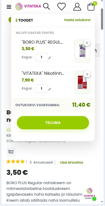 Ostukorvi aken lisatud tootega