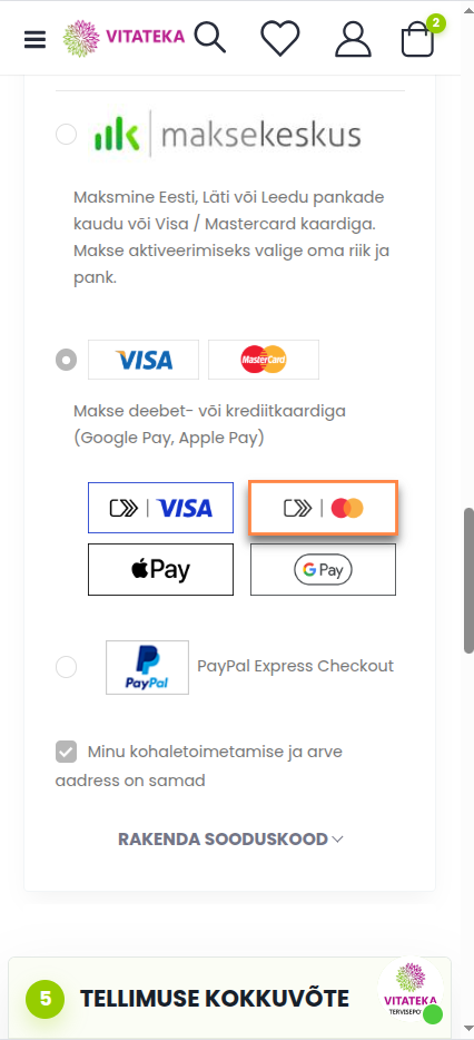 Pangakaardiga maksmine (Visa / Mastercard, Google Pay, Apple Pay)