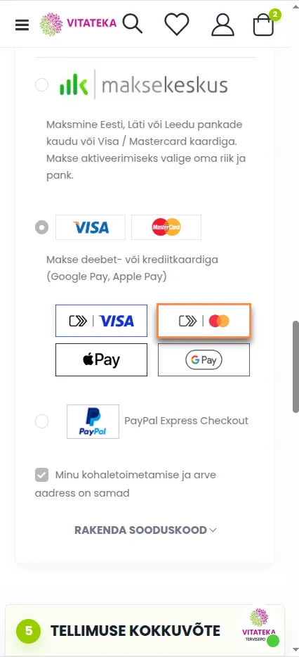Pangakaardiga maksmine (Visa / Mastercard, Google Pay, Apple Pay)