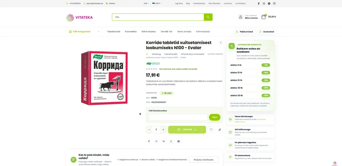 Toode lisatud ostukorvi tootelehel (arvuti)