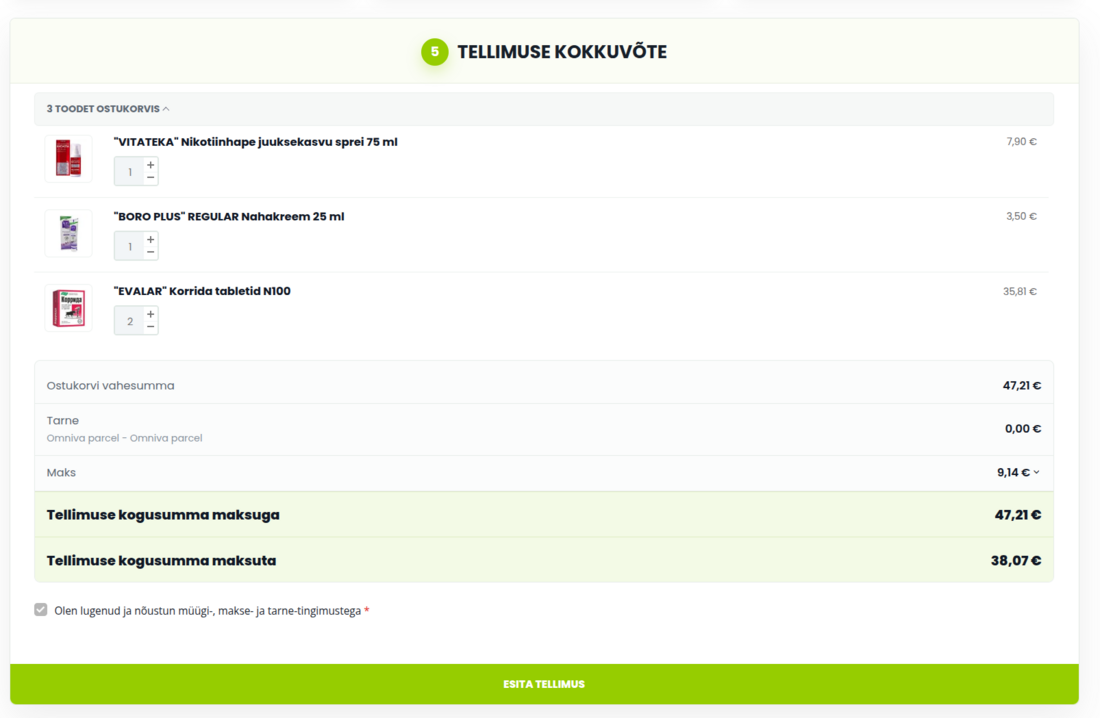 Tellimuse kokkuvõte arvutis