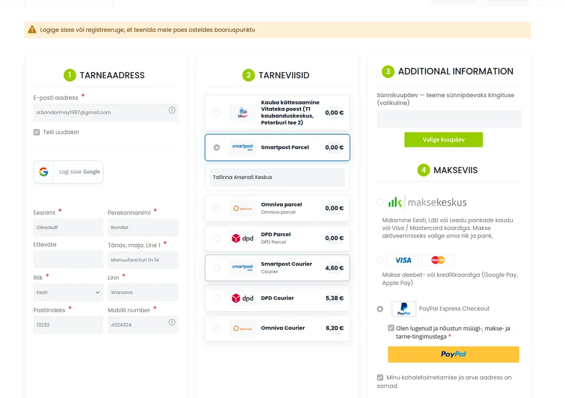 Konkreetse kaardimakse valimine: Visa, Mastercard, Apple Pay v&otilde;i Google Pay
