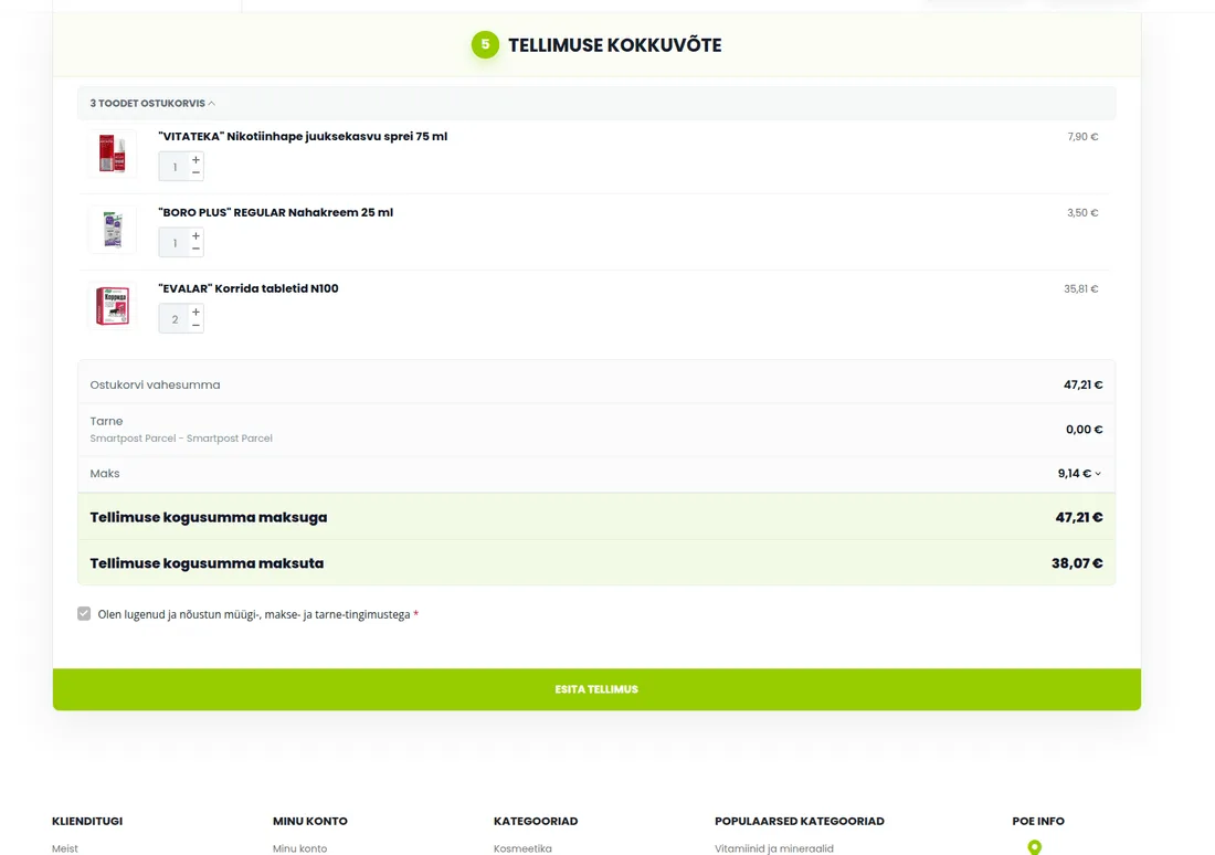 Tingimustega n&otilde;ustumine ja nupp &bdquo;Esita tellimus&ldquo;