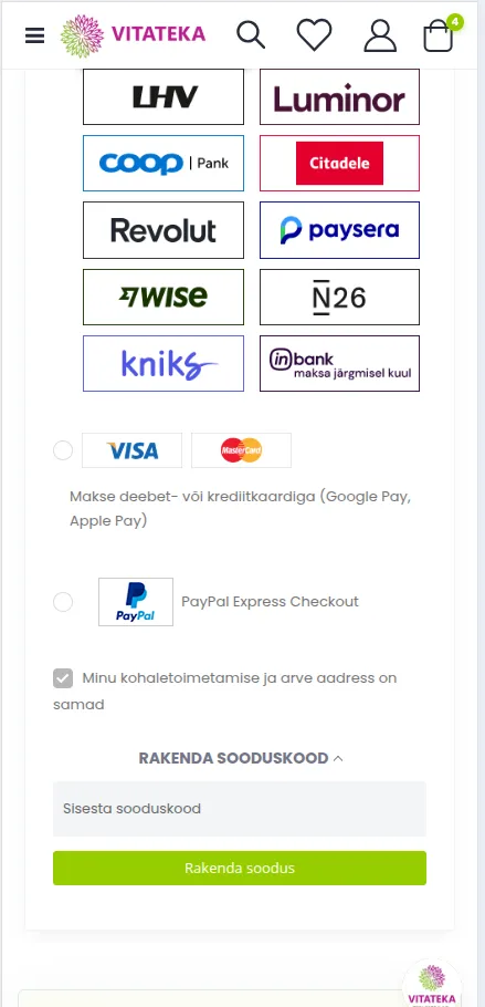 Sooduskoodi FIRST15 sisestamine ja nupp &bdquo;Rakenda soodus&ldquo;